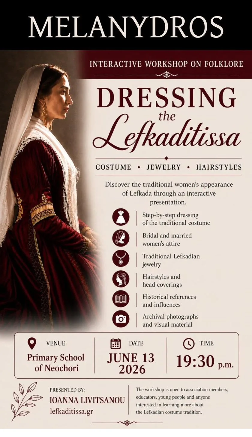Poster for the evening “Dressing the Lefkadian Woman” in Neochori