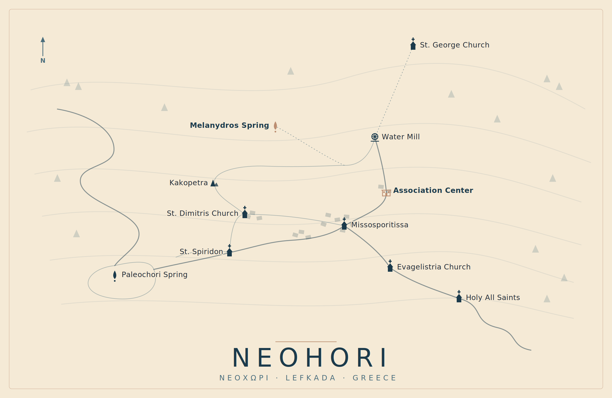 Karte von Neochori mit den Kulturerbe-Stätten des Dorfes